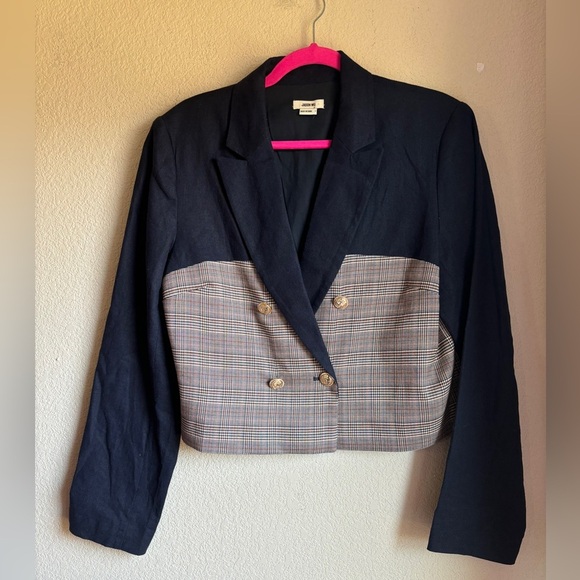 Jason Wu Navy Linen & Plaid Mixed Media Double Breasted Cropped Blazer L - Picture 2 of 12